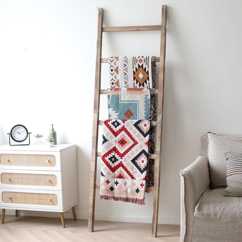 FUIN 6.4ft Extra Wide Wooden Blanket Ladder Living Room Decorative Wal Leaning Farmhouse Quilt Display Holder Rustic Wood Towel Rack for Bathroom, Burnt Brown, 24 inch Wide - Image 1